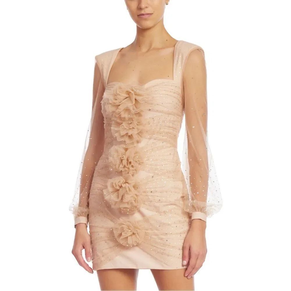 Badgley Mischka NWT Party-Girl Tulle Mini Cocktail Dress with Rosettes Blush 14